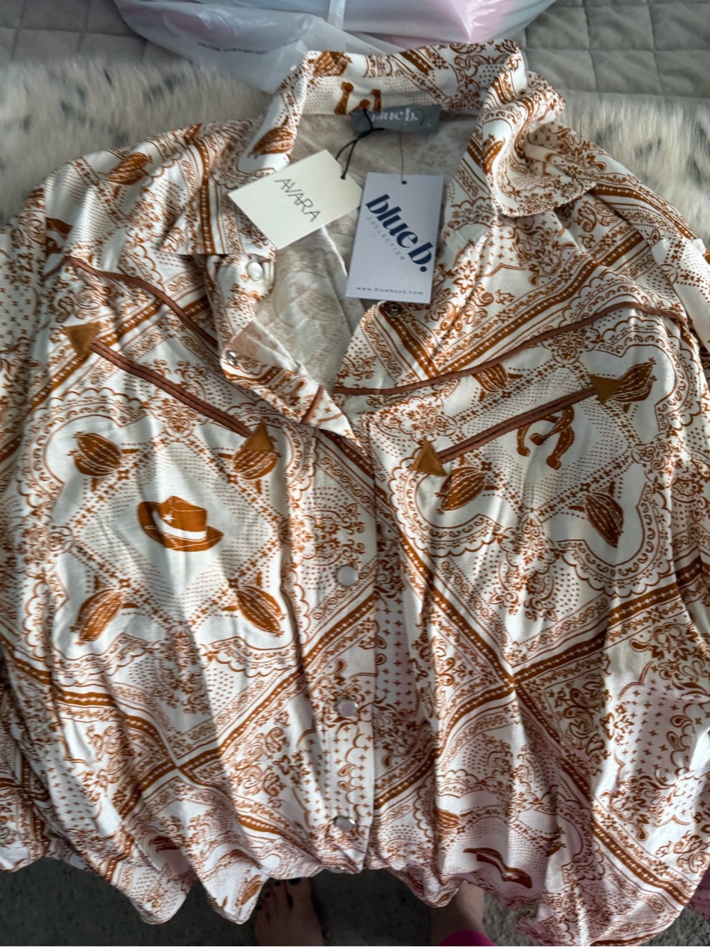 Blue.B. by AVA&A Button-Down Bandana Print Shirt — Cream & Brown